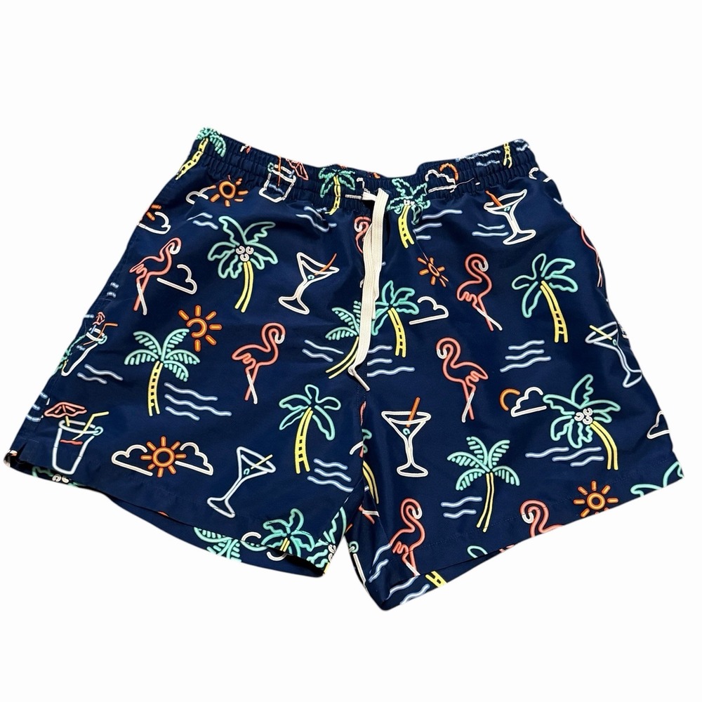 chubbies Navy Palm Tree & Flamingo Swim Trunks 5”